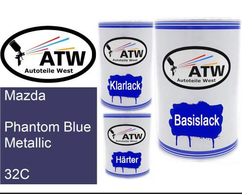 Mazda, Phantom Blue Metallic, 32C: 500ml Lackdose + 500ml Klarlack + 250ml Härter - Set, von ATW Autoteile West.